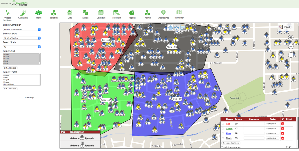 Grassroots Unwired Canvassing Software has an intuitive visual tool to cut turf for canvassers.